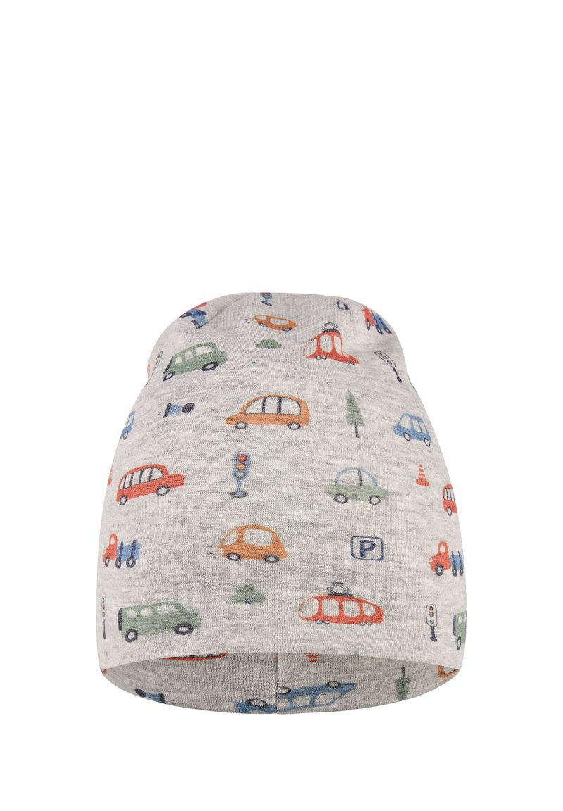 Gray beanie featuring colorful car and traffic icon patterns. Made of soft fabric, it has a snug fit and rounded shape for comfort.