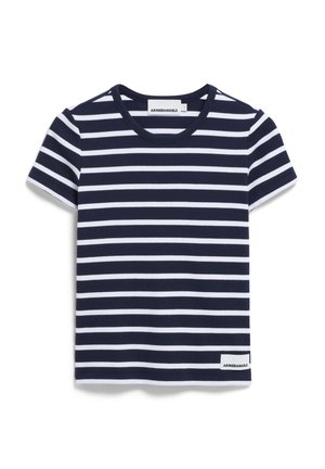 Camiseta de algodón a rayas azul marino y blanca con mangas cortas y escote redondo. Presenta una etiqueta de logo en el dobladillo.