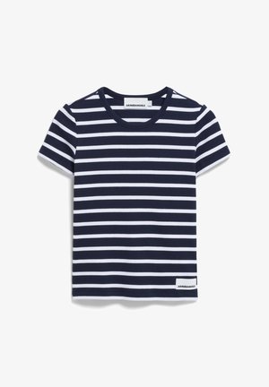 T-shirt in cotone a righe blu navy e bianche, con maniche corte e scollatura rotonda. Presenta un'etichetta del logo sull'orlo.
