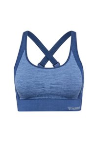 Marinblå sportbehå med en strukturerad design, racerbackremmar som korsar sig på ryggen, och en varumärkeslogga på den nedre remmen.