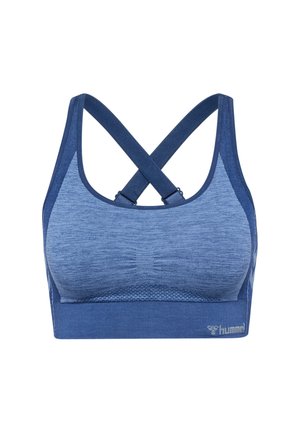 Dunkelblauer Sport-BH mit Texturdesign, Racerback-Trägern, die sich hinten kreuzen, und einem Markenlogo am unteren Bund.