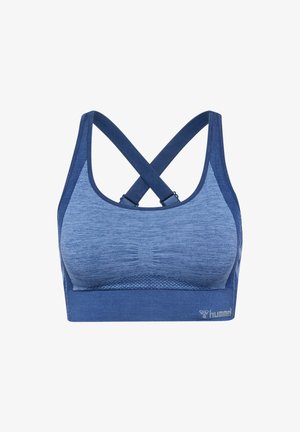 Dunkelblauer Sport-BH mit Texturdesign, Racerback-Trägern, die sich hinten kreuzen, und einem Markenlogo am unteren Bund.