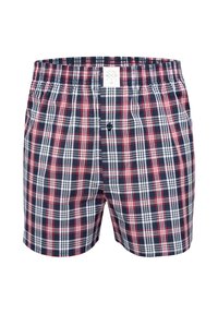 Men’s navy blue, white, and red plaid cotton boxer shorts with elastic waistband and single button fly closure, front view on white background.