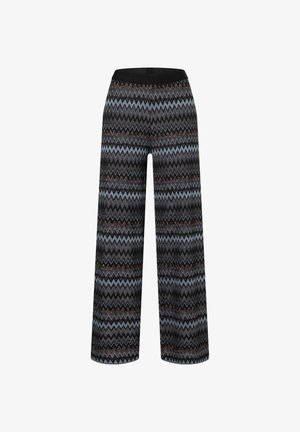 Gemusterte Schlaghosen mit Zickzack-Design in Schwarz, Blau und Bronze, mit einem einfarbigen schwarzen Bund und weicher Textur.