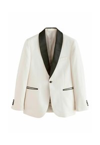Veste de smoking blanche avec un col châle en satin noir, deux poches latérales noires et des bordures noires. Comprend une fermeture à un bouton et un design structuré.