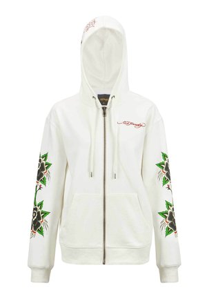 Sudadera blanca con cremallera que presenta gráficos de estilo tatuaje floral en negro, rojo y verde en ambas mangas. Material suave y diseño con capucha.
