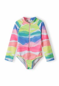Maillot de bain à manches longues avec un motif ondulé vibrant en rose, vert et bleu. Il dispose d'une fermeture éclair à l'avant et d'un col rond. Fabriqué en tissu extensible.