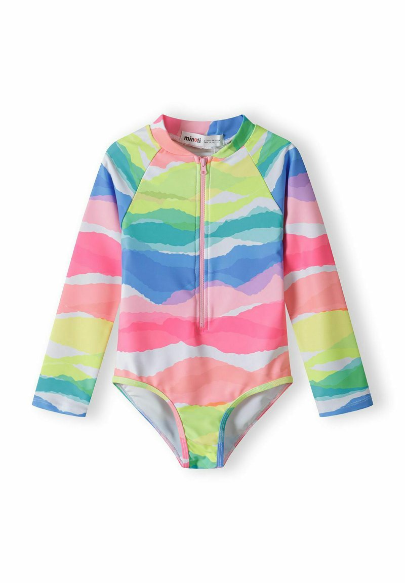 Maillot de bain à manches longues avec un motif ondulé vibrant en rose, vert et bleu. Il dispose d'une fermeture éclair à l'avant et d'un col rond. Fabriqué en tissu extensible.