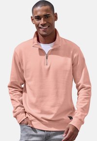 Zip-neck sweatshirt in pale pink, made from soft fabric. Features long sleeves and ribbed cuffs, with a logo tag on the bottom left.