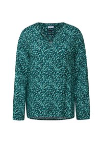 Maglia a maniche lunghe in tessuto teal con stampa a motivo foglia. Design a V con una texture morbida e una vestibilità comoda.
