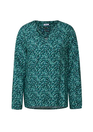 Halenka s dlouhým rukávem v tkanině v barvě tyrkysu se vzorem listů. Výstřih do V s jemnou texturou a uvolněným střihem.