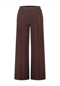 Bruine, wijde broek met ribbeltextuur, voorzien van een hoge tailleband en verticale naden voor extra detail.