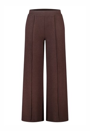 Bruine, wijde broek met ribbeltextuur, voorzien van een hoge tailleband en verticale naden voor extra detail.