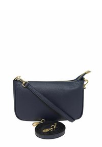 Navy leren crossbody tas met textuurafwerking, gouden hardware, ritsluiting en een verstelbare schouderband. Compact rechthoekige vorm.