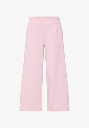 Laiad püksid pehmes roosas kangas, millel on sile tekstuur. Omavad kõrget vööd ja kahte eesmist taskut. Lihtne, kohandatud disain.