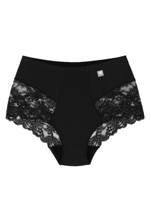 Mutande nere a vita alta con un davanti in tessuto liscio e pannelli laterali in pizzo nero che presentano motivi floreali e bordi scallop.