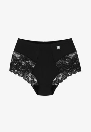 Culottes noires taille haute avec un devant en tissu lisse et des panneaux latéraux en dentelle noire ornés de motifs floraux et de bords festonnés.