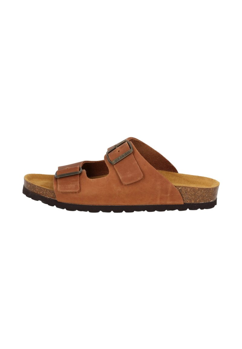 Sandal in pelle marrone con due fibbie regolabili, soletta in sughero, design aperto e suola in gomma nera. Adatto per un uso informale.