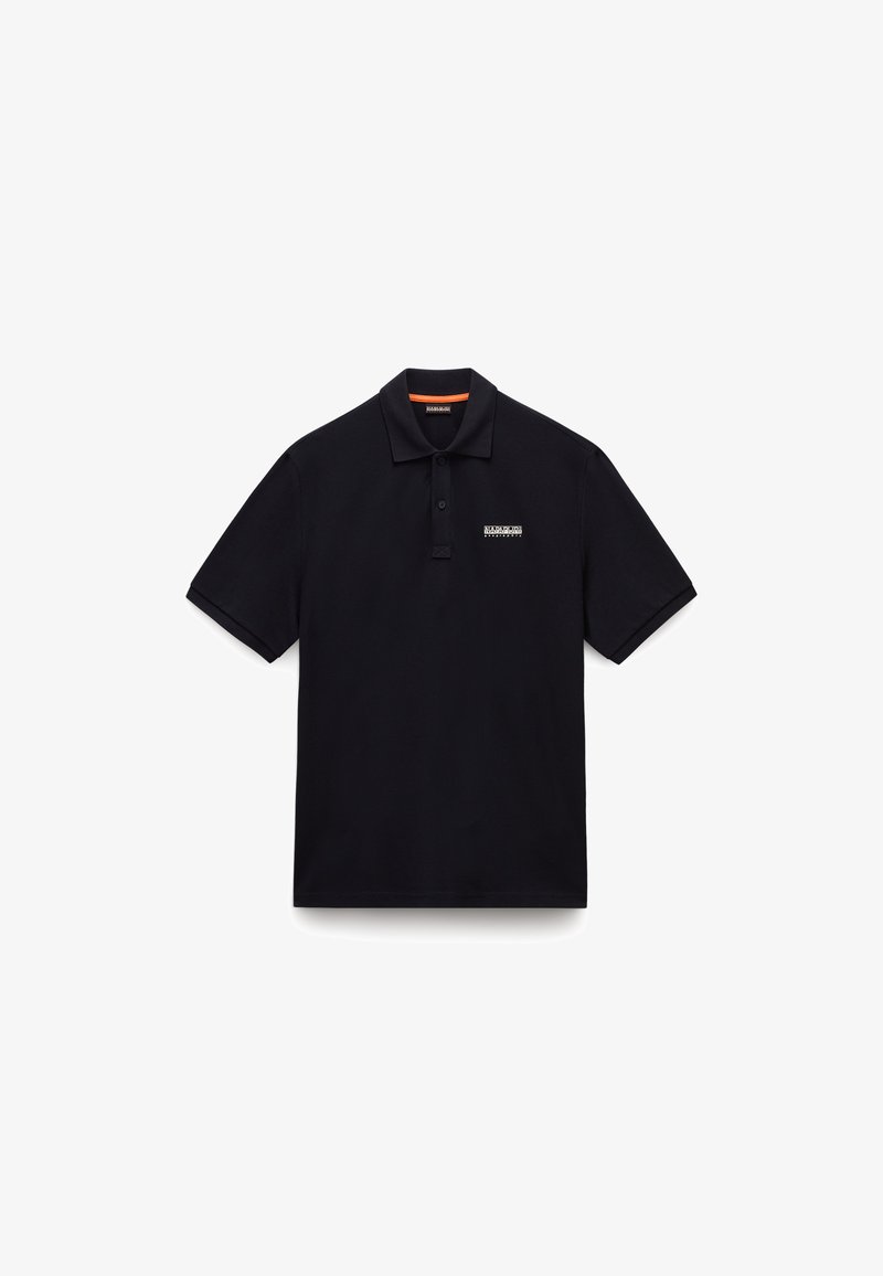 Polo nero in cotone, con colletto classico, maniche corte e un piccolo logo sul lato sinistro del petto. Design semplice senza motivi.