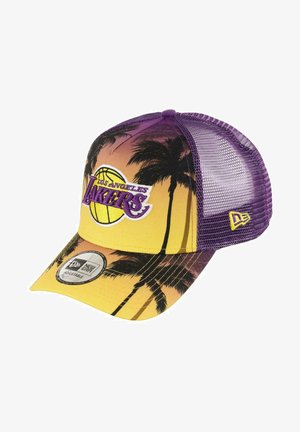 Los Angeles Lakers cap with yellow visor and crown, purple mesh back, palm tree pattern, embroidered logo, and adjustable strap.
