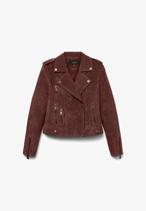 Burgunderfarbene Wildleder-Bikerjacke mit silbernen Beschlägen, featuring Reverskragen, Reißverschlusstaschen und taillierter Passform.