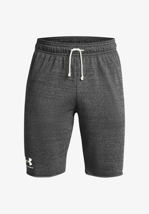 Tmavohnedé športové šortky vyrobené z textúrovanej látky, s elastickým pásom a bielym šnúrkovým uzáverom, a logom na dolnej ľavej nohe.