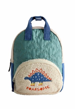 Rucsac mic pentru copii cu modele cusute de dinozauri de culoare teal, buzunar frontal pufos, patch albastru cu dinozaur și textul „ROARSOME” portocaliu.