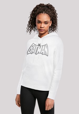 White hooded sweatshirt featuring a prominent gray "BATMAN" logo on the front. Includes a kangaroo pocket and ribbed cuffs.