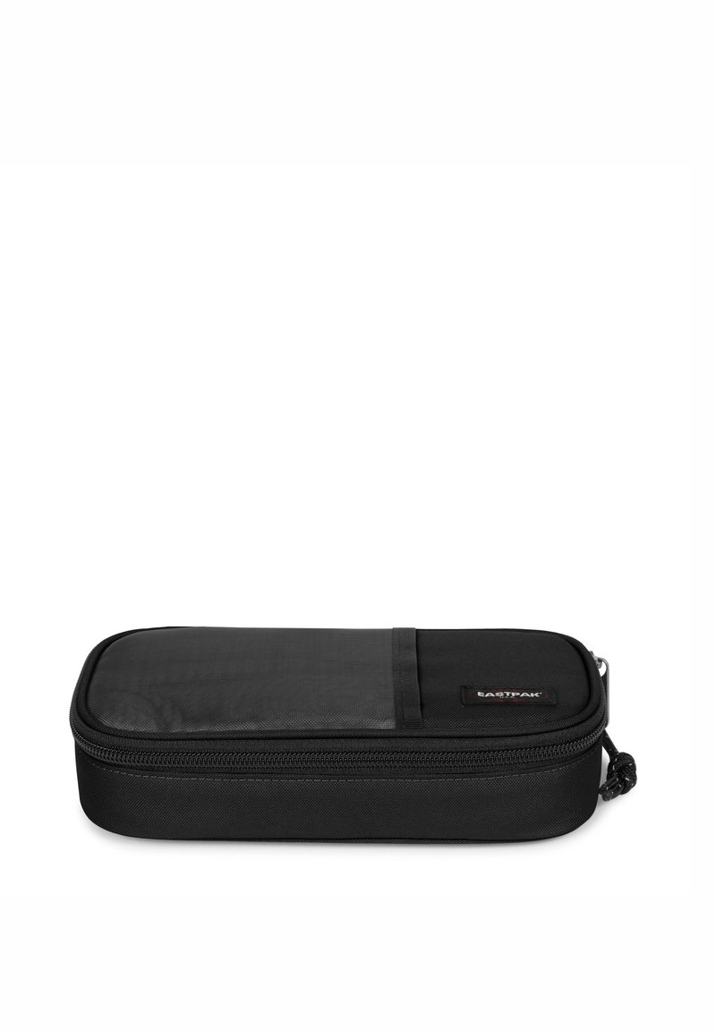 Black, rectangular pencil case made from durable fabric, featuring a zip closure and a front mesh pocket for easy visibility.