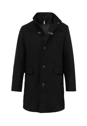 Czarny płaszcz z mieszanki wełny, z wysokim kołnierzem, z przodu na guziki, z dwoma bocznymi kieszeniami i gładką podszewką. Minimalistyczny design z wyraźnymi liniami.