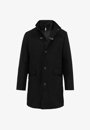 Czarny płaszcz z mieszanki wełny, z wysokim kołnierzem, z przodu na guziki, z dwoma bocznymi kieszeniami i gładką podszewką. Minimalistyczny design z wyraźnymi liniami.