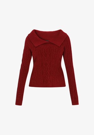 Crvena pletiva pulover s širokim rebrastim ovratnikom i dugim rukavima, s teksturiranim uzorcima i prilagođenim dizajnom. Mekan, topao materijal.