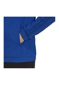 Blaue Jacke mit einer Reißverschlusstasche und elastischen Bündchen, gefertigt aus glattem Material mit gestreiften Details entlang der Ärmel.