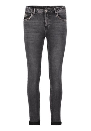Jeans skinny neri con una sottile texture, tasche frontali decorate con borchie argentate e chiusura classica a bottone e zip.