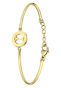 Gouden armband met een rond bedeltje met een uitgesneden ontwerp, een gladde gebogen band en een verstelbare ketting voor maatvariatie.