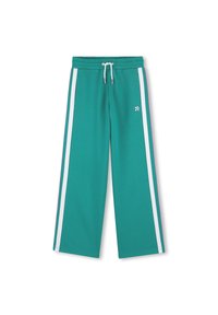Τιρκουάζ φαρδιά παντελόνια jogging με κορδόνι στη μέση, με λευκές ρίγες στο πλάι και μικρό λογότυπο στο μπροστινό μέρος. Μαλακό βαμβακερό υλικό.