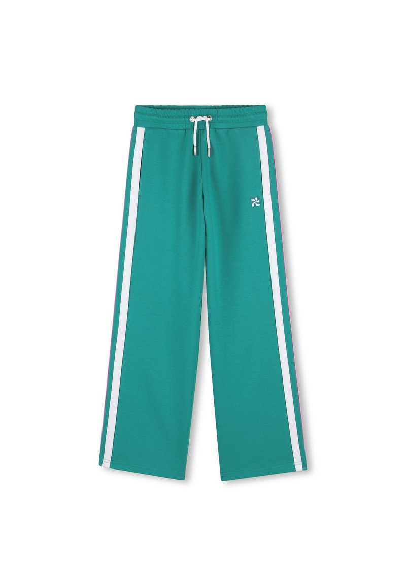 Τιρκουάζ φαρδιά παντελόνια jogging με κορδόνι στη μέση, με λευκές ρίγες στο πλάι και μικρό λογότυπο στο μπροστινό μέρος. Μαλακό βαμβακερό υλικό.