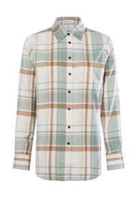 Camicia a quadri verde e beige con frontale abbottonato, colletto e maniche lunghe. Presenta bottoni marroni e un tessuto morbido e strutturato.