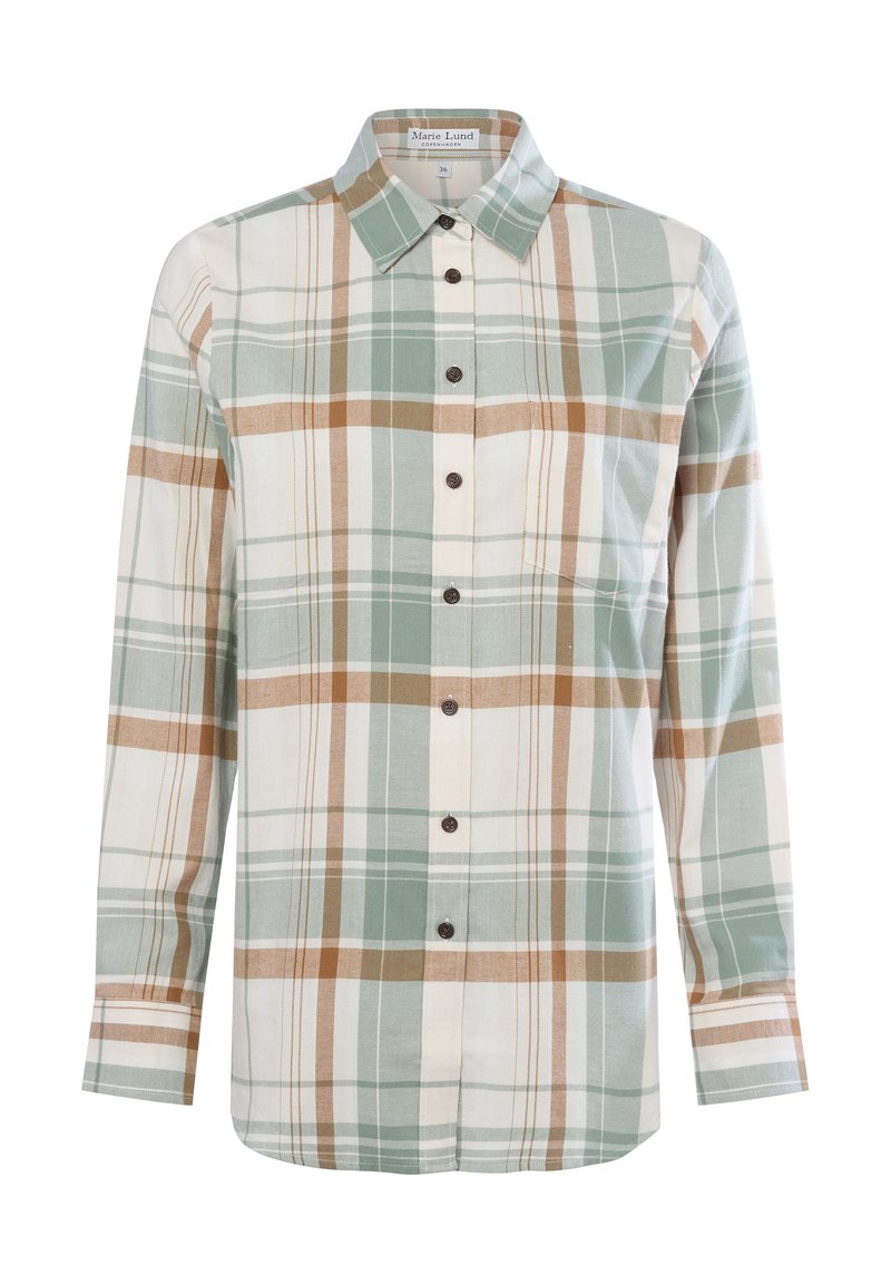 Camicia a quadri verde e beige con frontale abbottonato, colletto e maniche lunghe. Presenta bottoni marroni e un tessuto morbido e strutturato.