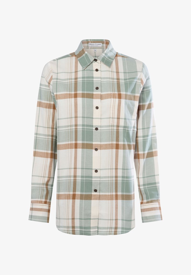 Green and beige plaid shirt with a button-up front, collar, and long sleeves. Features brown buttons and a soft, textured fabric.