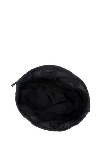 Borsa a cordino nera con un esterno morbido e testurizzato e un interno liscio e non foderato, che offre un design circolare spazioso.