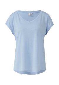 Jasnoniebieska koszulka z krótkim rękawem z dekoltem w serek, wykonana z miękkiego materiału, o luźnym kroju i zaokrąglonym dole.