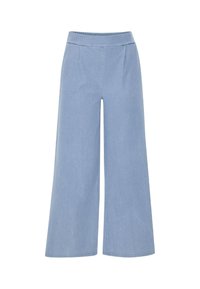 Ljusblå vida byxor i denim med platt midjeband och två framveck. Kantens fåll är avslutad med en enkel söm.