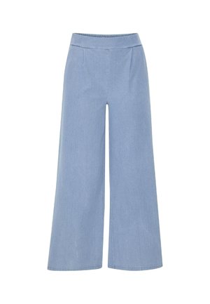 Light blue wide-leg pants made of denim with a flat waistband and two front pleats. The hem is finished with a simple stitch.