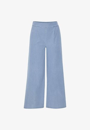 Light blue wide-leg pants made of denim with a flat waistband and two front pleats. The hem is finished with a simple stitch.
