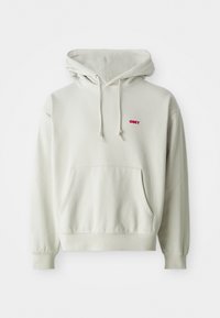 Light gray pullover hoodie made of soft cotton, featuring a front pocket, drawstrings, and a red "OBEY" logo on the chest.