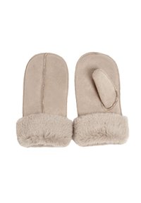Beige mittens with faux fur cuffs, soft suede-like material, rounded shape, and separate thumb section for dexterity.