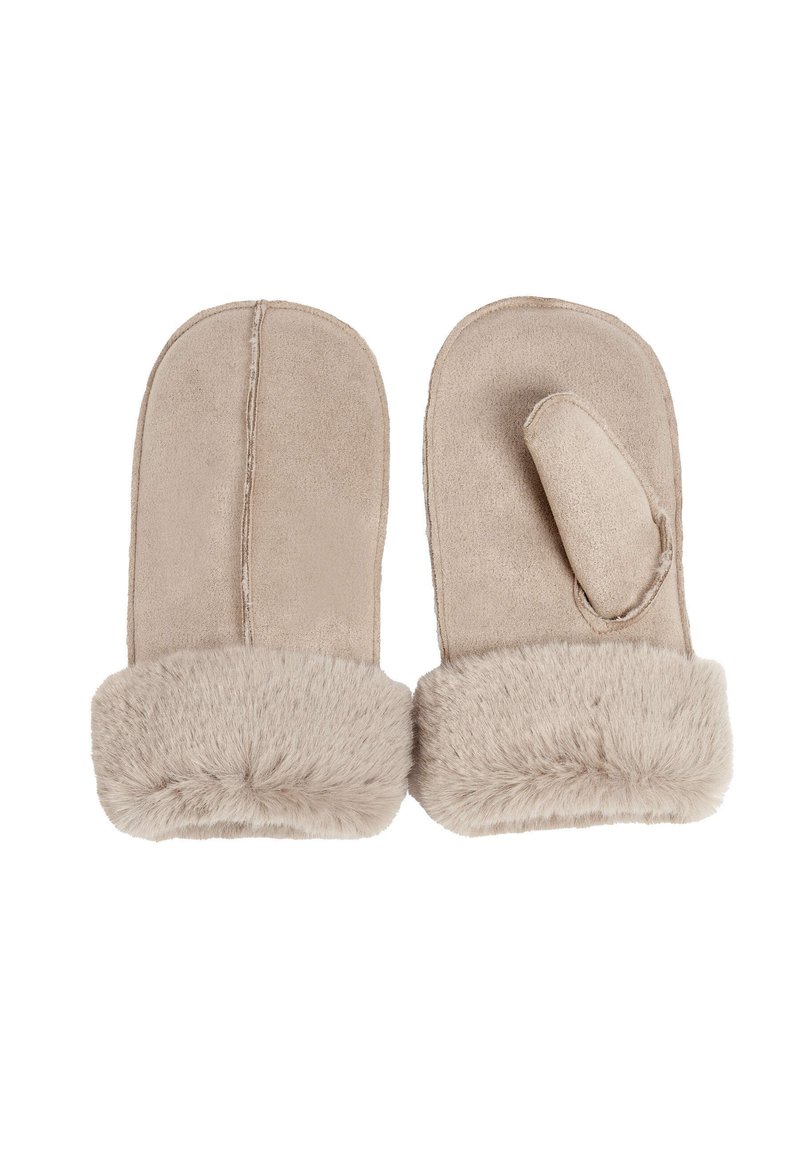Beige mittens with faux fur cuffs, soft suede-like material, rounded shape, and separate thumb section for dexterity.