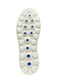 Semelle de chaussure en caoutchouc blanche avec des motifs circulaires et des accents bleus. Présente de petites perforations pour la respirabilité, avec un motif texturé sur toute sa surface.