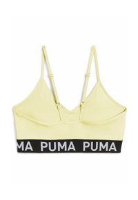 Bralette amarillo con top de malla, tirantes ajustables y una banda elástica negra con el logo blanco "PUMA". Textura suave, forma triangular.